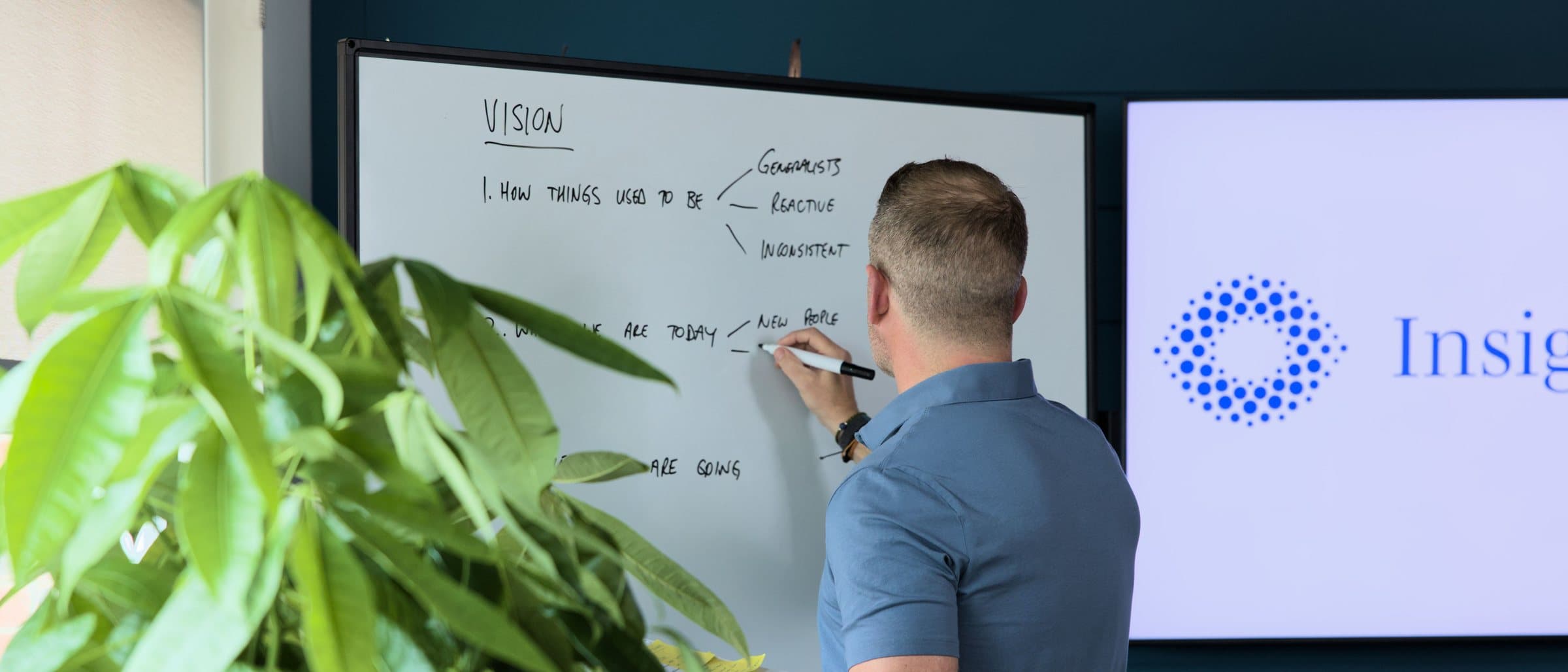 Shea Sanche mapping the firm's vision on a whiteboard